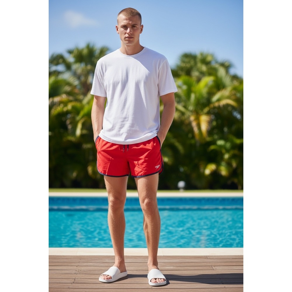 588 Speedo Men Eco Comfort Stretch Swim Trunks Red Navy Blue 16in Outseam XL NEW